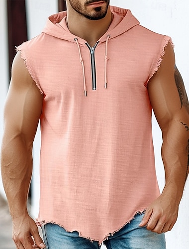  Herr Linneskjorta Linne Väst Undertröjor Ärmlös Huva Sommar Slät Mode Klassisk Modern Fjärdedels blixtlås Gata Ledigt Sport Svart Rodnande Rosa Blå Topp t-shirt för män