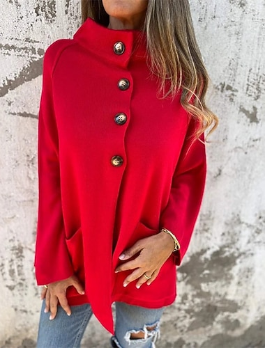  Per donna Cappotto Giacca Casual Confortevole Tasca Bottoni Moda Moderno Casual Semplice Uscire Weekend Monopetto Regolare Collo alla coreana Vestibilità regolare Manica Lunga Capispalla Nero Rosso