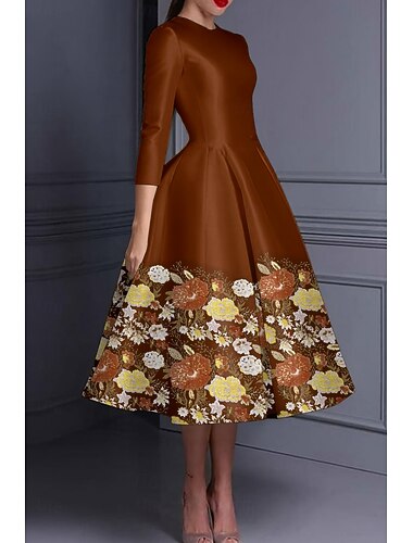  A-linje Gulvlengde Te-lengde Perlebrodert Formell kjole Kjole til brudens mor Cocktailkjoler Kveldskjoler Festkjoler Elegant Silkete 3/4 ermer Crew-hals Bryllup Formell Lomme Elastisk satin med