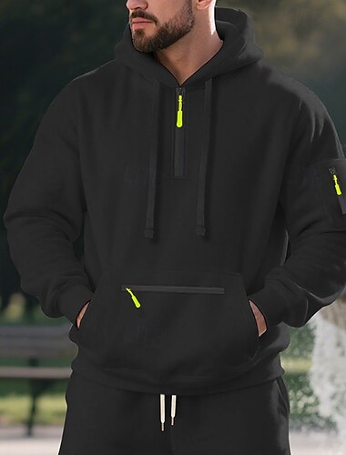  Homens Moletom Quarter Zipper Hoodie Moletom de lã Preto Branco Azul Marinha Cáqui Cinza Claro Com Capuz Tecido Bolsos Quarter Zip Desportos e Ar livre Diário Feriado Poliéster Roupa de rua Básico