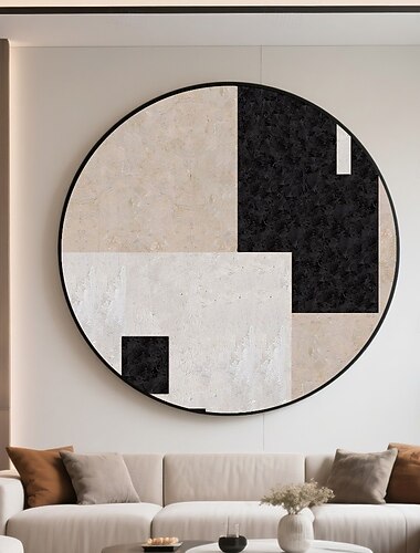  dipinto a olio astratto circolare fatto a mano, divisione geometrica, superficie strutturata, arte moderna, nero bianco beige sabbia tortora tavolozza galleria tela contrasto equilibrio pronto da