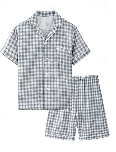  Ανδρικά Ρουχισμός Ύπνου Σετ Πυτζάμες Πιτζάμα Τοπ και σορτς 1set Καρό Μοντέρνα Στυλάτο Κλασσικό Σπίτι Καθημερινά Κρεβάτι Βαμβάκι Άνεση Moale Αναπνέει Πέτο Κοντομάνικο Πουκάμισο Σορτσάκια