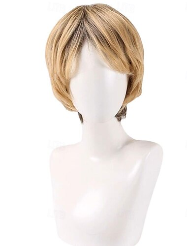  Perucă blondă mixtă pentru bărbați, scurtă, stratificată, pentru cosplay, petrecere, peruci din păr natural