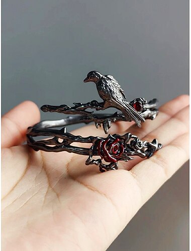  Vintage Black Bird & Red Rose Cuff Bracelet - Gothic Branch - Shaped Open Bangle for Women