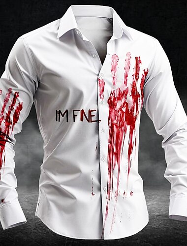  Halloween Pánské Otisk prstu Krevní skvrny Halloweenské kostýmy Košile Košile na knoflíky Dlouhý rukáv Temný punk gotický Dovolená Streetwear Léto Jaro Přehnutý 3D tisk košile s límečkem Bílá