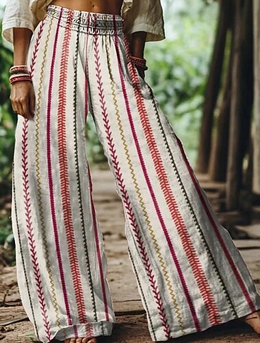  Mulheres Perna larga Calças Calça Palazzo Moda Boho Comprimento total Cintura Alta Listrado Cintura elástica Respirabilidade Confortável Rua Roupa Diária Para Noite Vermelho Azul Verde Primavera