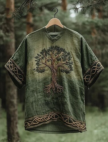  男性用 Tシャツ 半袖シャツ ティートップ 半袖 Ｖネック 夏 木 トライバル ヴィンテージ デザイナー ベーシック プリント バケーション ストリート お出かけ グリーン グレー メンズトップTシャツ