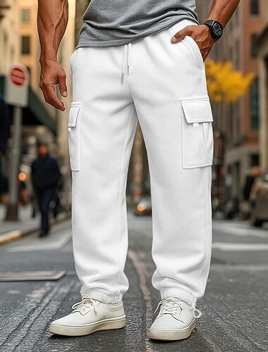  Men's Fleece Pants Sweatpants Joggers Trousers Cargo Sweatpants Elastic Waist Drawstring Multi Pocket Solid Color Windproof Outdoor Full Length Casual Daily Vacation Fashion Black White