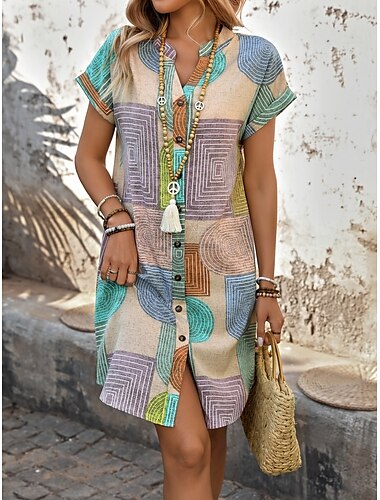  Damen Minikleid Sommerkleid Lässig Täglich Normale Passform Karomuster Langarm Einkerbiger Ausschnitt Grün Sommer