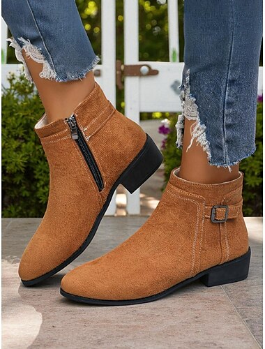  Botines de ante sintético para mujer con cremallera lateral y hebilla: botines casuales cómodos para salidas de otoño, paseos por el jardín y escapadas de fin de semana.