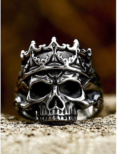  Anel de caveira masculino em aço inoxidável com coroa – estilo punk gótico, design de metal pesado durável, ideal para festas de Halloween, cosplay e shows de rock
