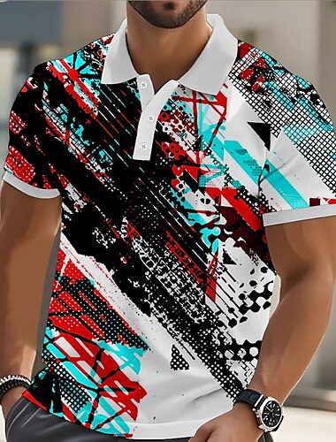  Hombre Geométrico Bloque de color Polo Manga Corta Camisas de polo Camisas con cuello Casual Ropa Deportiva Ropa Cotidiana Ropa de calle Impresión 3D Botones Verano Arco Iris