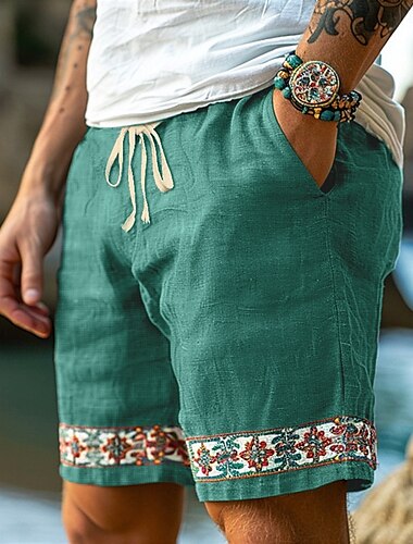  Men's Shorts Linen Shorts Summer Shorts Beach Shorts Patchwork Elastic Waist Drawstring Plain Comfort Breathable Knee Length Outdoor Daily Holiday Vacation Hawaiian Green