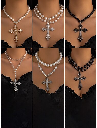  Collane con ciondolo a croce con perle barocche e perline da donna: molteplici opzioni di stile per eleganti look gotici e vintage, perfette per feste e occasioni speciali