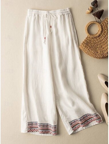  Mujer Pantalones de lino y algodón Chinos Pantalones Moda Estilo Étnico Básico Longitud total Alta cintura Floral Bordado Bolsillo Correa Comodidad Al Aire Libre Microelástico Vacaciones Calle Diario