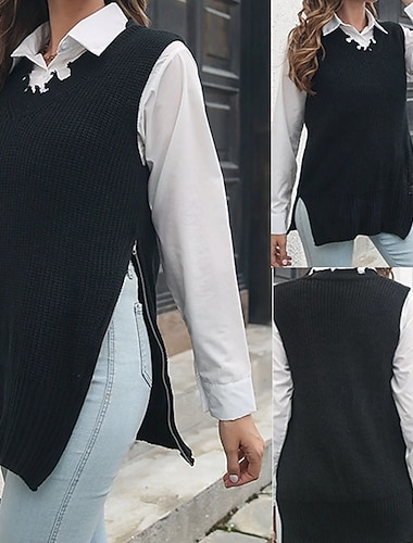  Per donna Gilet Maglione Casual Tinta unica Spesso Scollo a V Lavorato a maglia Senza Maniche Top Regolari Maglia Quotidiano Ferie Uscire Nero Autunno Inverno