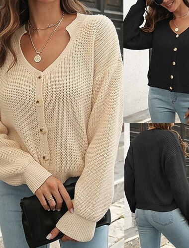  Per donna Cardigan Casual Tinta unica Spesso Scollo a V Lavorato a maglia Manica Lunga Top Regolari Maglia Quotidiano Ferie Uscire Nero Albicocca Autunno Inverno
