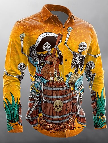  Pánské Kytara Halloweenské kostýmy Den mrtvých Košile Košile na knoflíky Designová košile Dlouhý rukáv Temný gotický styl Dovolená Streetwear Léto Jaro Přehnutý 3D tisk košile s límečkem Žlut
