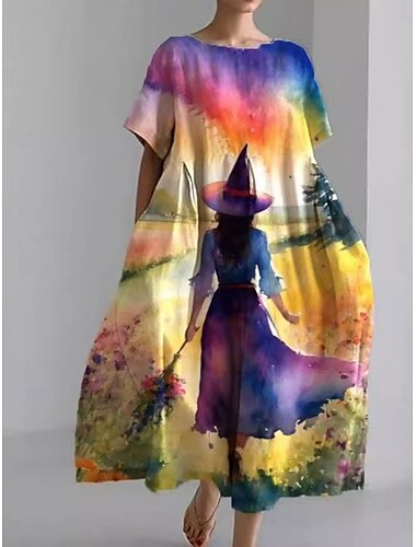  Damen Midikleid A Linie Kleid Sommerkleid Lässig Täglich Normale Passform Grafik Kurzarm Rundhalsausschnitt Gelb Blau Purpur Grün Sommer