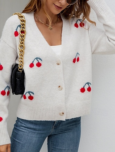  Per donna Felpa Cardigan Moda Streetwear Quotidiano Frutta A Coste Scollo a V Lavorato a maglia Manica Lunga Top Regolari Maglia Ferie Uscire Weekend Bianco Autunno Inverno