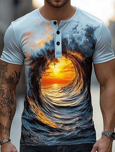  男性用 3D 自然 Tシャツ ヘンリーシャツ 半袖 デザイナー レトリ／ヴィンテージ カジュアル ストリート カジュアル 日常 夏 春 ブルー ヘンリー ヘンリーTシャツ