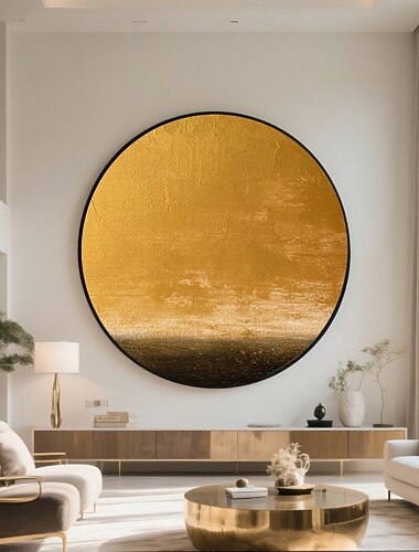 handgemachte kreisförmige ozeanische Leinwand tiefer Saphirgold-Farbverlauf leuchtende Reflexion goldener Horizont Kontrast abstrakter Himmel und Meer strukturierte Farbe moderne beruhigende Wandkunst