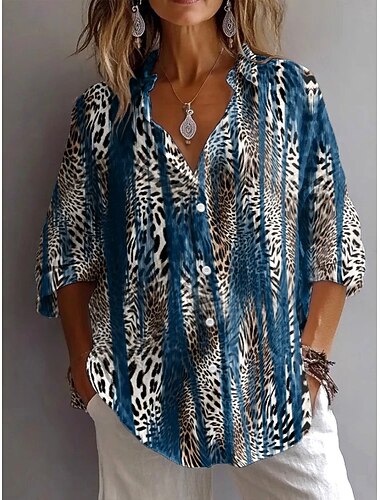  Damen Hemd Button Down Tunika Hemd Kragen Langarm Grafik Leopard Abstrakt Vintage Tropisch Alltag Regelmäßige Oberteile Arbeit Alltag Feiertag s Druck Blau Braun Grün Frühling Herbst