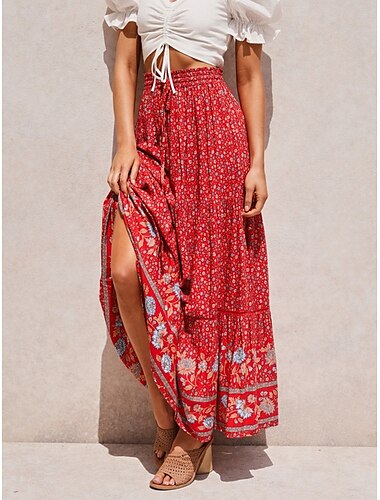  Dame Skjørte A-linje Boheme Afslappet Maxi Høj Talje Nederdele Blomstret Trykt mønster Mikroelastisk Gade Daglig Rød Abrikos Sommer Polyester Rayon