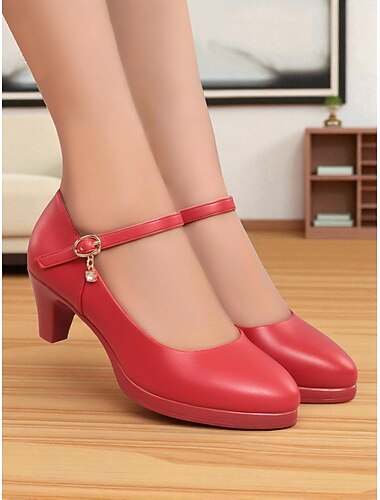  Rote Mary Jane-Pumps mit mittelhohem Absatz für Damen – klassische Abendschuhe mit runder Spitze, Knöchelriemen und Charme für Damen, ideal fürs Büro, die Kirche oder halbformelle Anlässe
