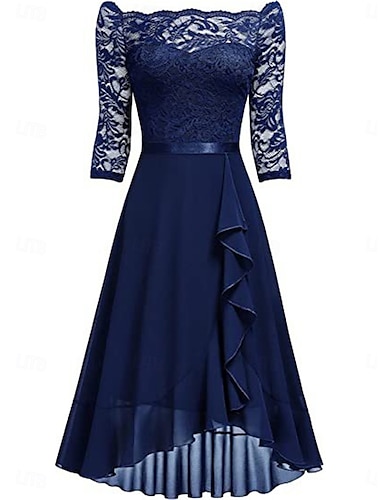  Per donna Abito Midi Abito in Pizzo Abito da Cocktail Abito da invitata a nozze Chiffon Elegante Moda Moderno All'aperto Cocktail party Vestibilità regolare Semplice Manica 3/4 Scollo a V Rosa Blu