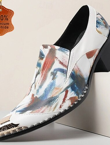  Mocassins masculinos de couro legítimo com estampa de arte abstrata, sapatos sociais coloridos de estilo artístico para desfiles de moda, eventos criativos e saídas à noite