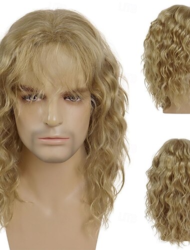  Peruci rock anii '80 de 20 de inci pentru bărbați și femei, perucă lungă blondă cu breton, costum de Halloween anii 1980, peruci blonde crețe ondulate, stil mullet rocker disco punk