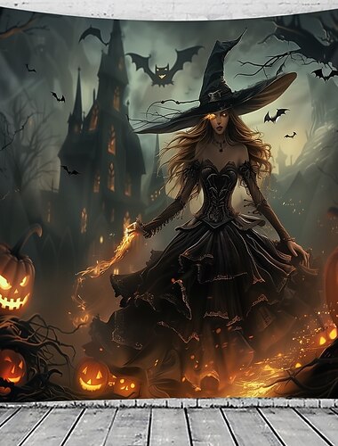  Halloween gotisk häxa Wall Tapestry – Mörk skogs scen med Jack-o'-Lanterns skrämmande natthimmel skräckbakgrund för Halloween 2025 vardagsrum sovrum festdekoration