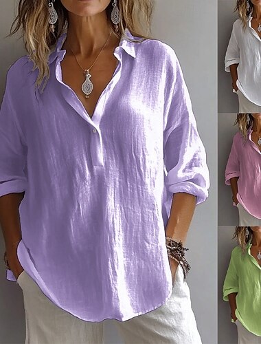  Femmes Chemise Ensembles inspirés du lin Boutonner Chemise en coton Couleur Unie Quotidien Occasionnel manche longue Manche Évêque Col de chemise Hauts Réguliers Quotidien Patchwork Boutons Blanche