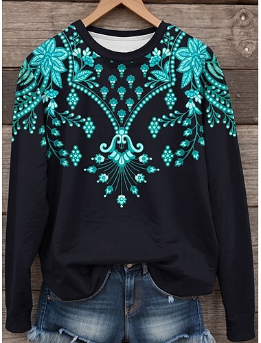  Damen Sweatshirts Grafik Paisley-Muster Lässig Langarm Rundhalsausschnitt Normale Oberteile Straße Alltagskleidung Druck Weiß Blau Grün Herbst Winter