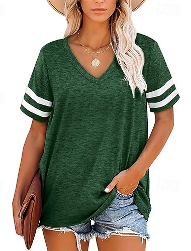  Dame Teksturbluse T skjorte Fargeblokk Mote Moderne Kortermet V-hals Vanlige topper Daglig Rosa Grønn Grå Sommer