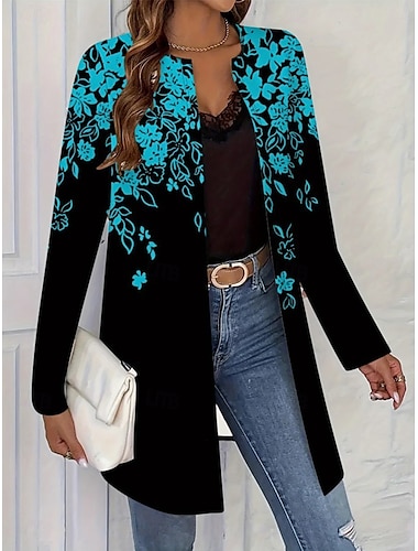  Damen Freizeitjacke Bequem Atmungsaktiv Tasche Elegant Lässig Blumen Lässig Alltagskleidung Offene Vorderseite Lang Rundhalsausschnitt Normale Passform Langarm Oberbekleidung Rosa Blau Frühling Herbst
