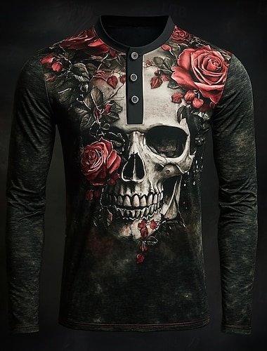 Camisa Masculina Gráfica de Caveira Henley de Manga Longa Moda Bonita Dia a Dia Casual Feriado Outono Primavera  Outono Preta Henley Camiseta Henley   Camisa Masculina Gráfica de Caveira Henley de Manga Longa Moda Bonita Dia a Dia Casual Feriado Outono Primavera  Outono Preta Henley Camiseta Henley