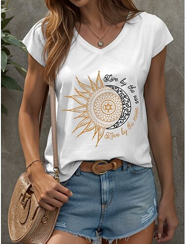  Canotta da donna con stampa grafica geometrica a forma di luna, vintage, elegante, classica, senza maniche, manica corta, scollo a V, top normali, da indossare ogni giorno in vacanza, stampa nera,