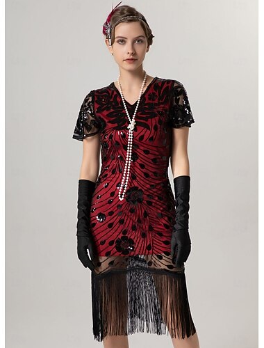  Retro / vintage De livlige 20-årene 1920-tallet Knelengde Flapper kjole Cocktailkjole Korte ermer Den store Gatsby Flapper Girl Paljetter Frynser V-hals Kostyme Dame Jul Karneval Bryllup Aftenselskap