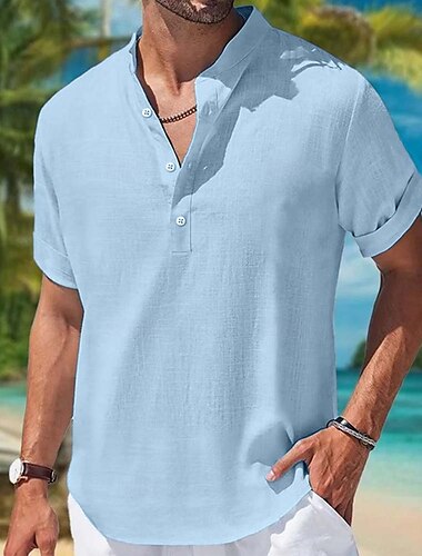  Voor heren Overhemd Linnen overhemd Zomer overhemd Strand Kleding Effen Vakantie Casual blauw Groen Khaki Korte mouw Mandarijn Kraag Zomer Lente zomer Kleding Kleurenblok