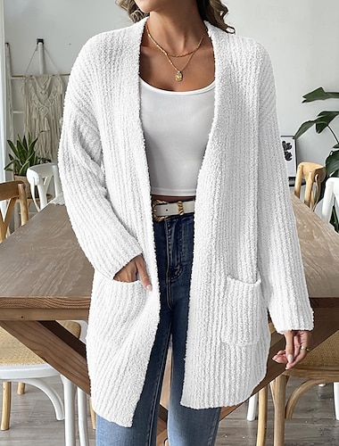  Per donna Felpa Cardigan Moda Streetwear Quotidiano Tinta unica A Coste Aperto davanti Tasca Lavorato a maglia Manica Lunga Top lunghi Maglia Ferie Uscire Weekend Nero Bianco Autunno Inverno