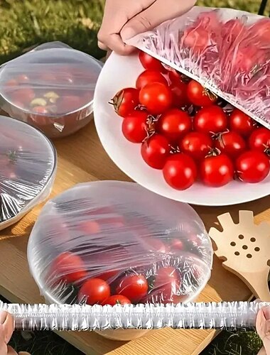  500 fundas elásticas reutilizables para almacenamiento de alimentos, tapas de plástico transparente elásticas para cuencos y platos para uso en cocina y comedor.