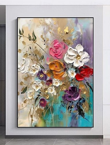  Pintura a óleo artesanal em tela, arte de parede, decoração moderna, abstrata, 3d, flores a óleo grossas para decoração de casa, pintura enrolada, sem moldura, não esticada