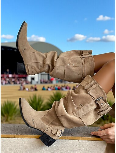  Женские замшевые ковбойские сапоги с широкими ремешками — сапоги до середины голени с пряжкой в стиле вестерн и низким каблуком, повседневная обувь для отдыха на природе и для музыкальных фестивалей