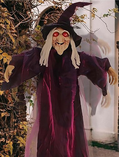  1,8 metrin pituinen lentävä noita, halloween-koriste, roikkuva animoitu noitakoriste, jossa valaisevat silmät ja ääniaktivointitoiminto, pelottava rekvisiitta, talon sisustus ulko-/sisäpihalle