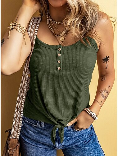  Dame Camisole tanktop Helfarve Daglig Stilfuld Afslappet Uden ærmer Scoop hals Almindelige toppe Daglig Knapper Sort Gul militærgrøn Abrikos Sommer Forår