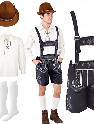  Oktoberfest レーダーホーゼン シャツ アルパインハット バイエルン ドイツ語 メドウズ 男性用 カーニバル パーティー ビール祭り 伝統的なスタイルの布 ブラウス ショートパンツ セット