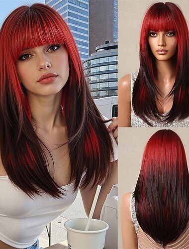  Ombre-rot-schwarze Perücken für schwarze Frauen, lange glatte Perücken mit Pony, Cosplay-Perücken, natürlich aussehende synthetische Perücke, hitzebeständige, geschichtete Cosplay-Perücken für den