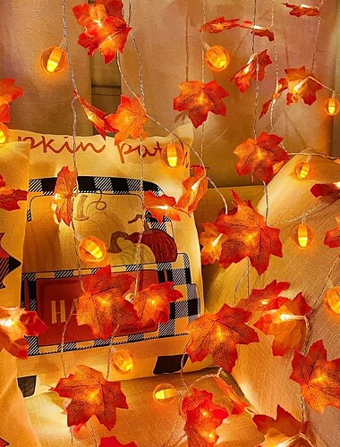  Guirlande lumineuse d'Halloween en forme de feuille d'érable et de citrouille, alimentée par piles, décoration d'intérieur et d'extérieur à suspendre pour étagère, bureau, porche, Thanksgiving,